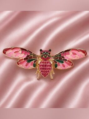 Pink Mosaic Wing Crystal Bug Butterfly Gold Brooch